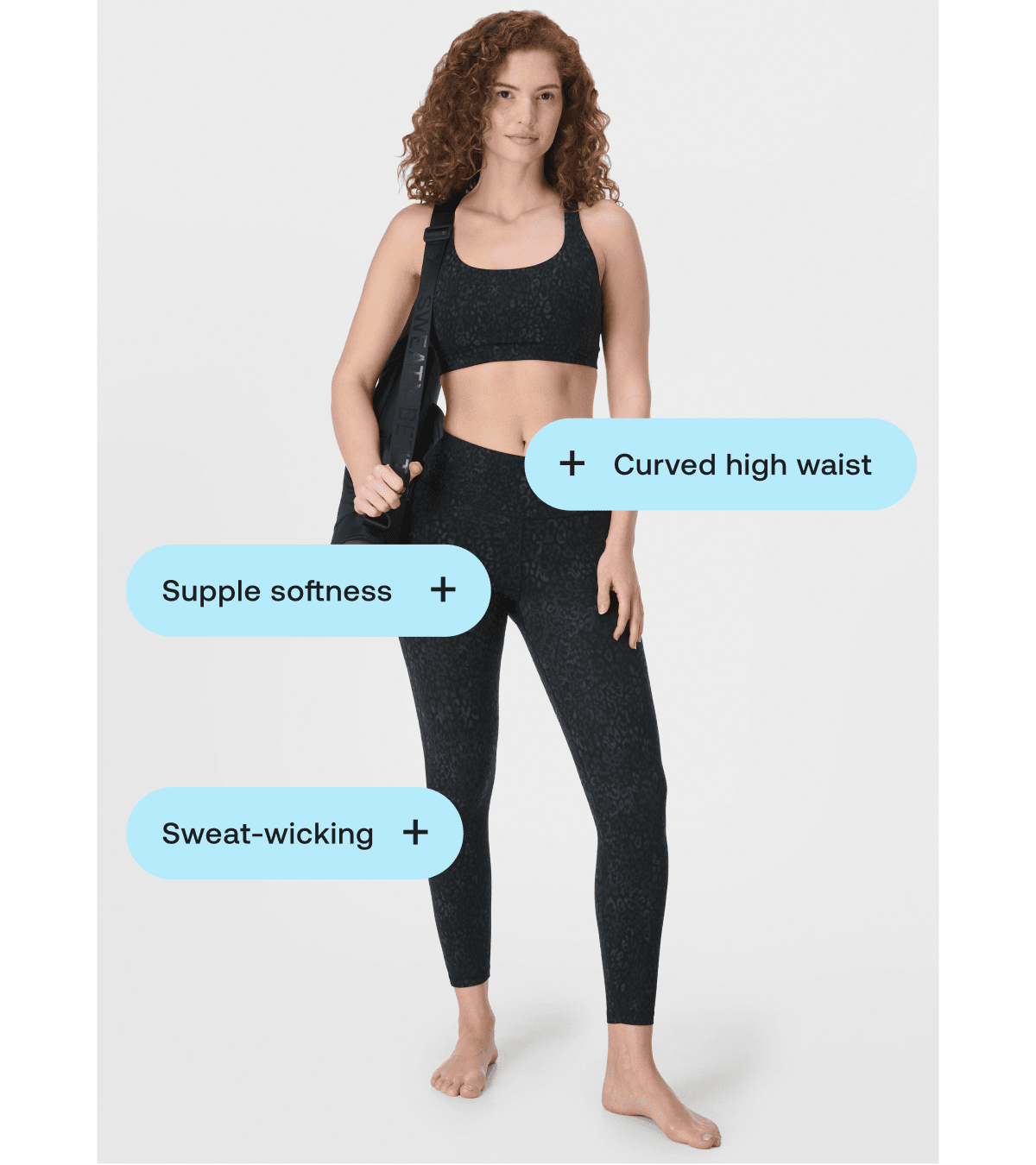 Curved high-waist, supple softness, sweat-wicking