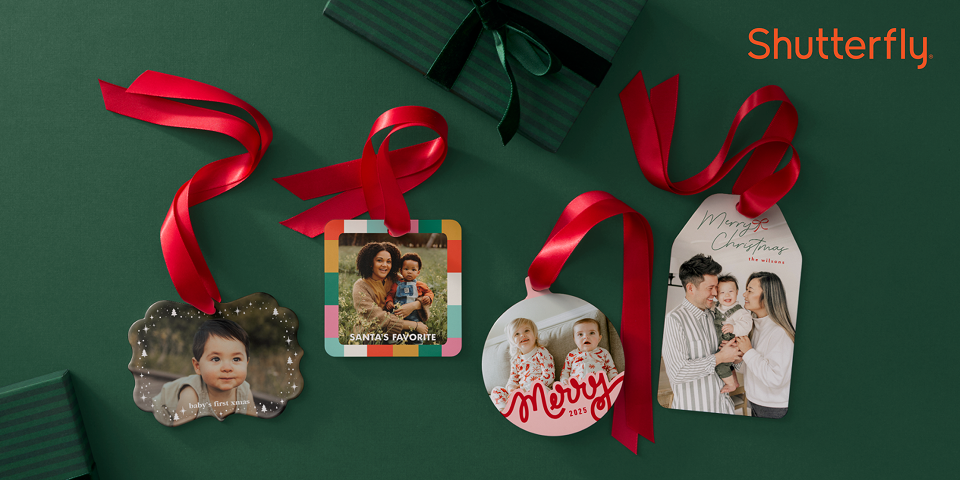 Against an olive green background, there are various ornaments that display cute family photos. A red ribbon is attached to each ornament. On the top right hand corner, there’s a Shutterfly logo.