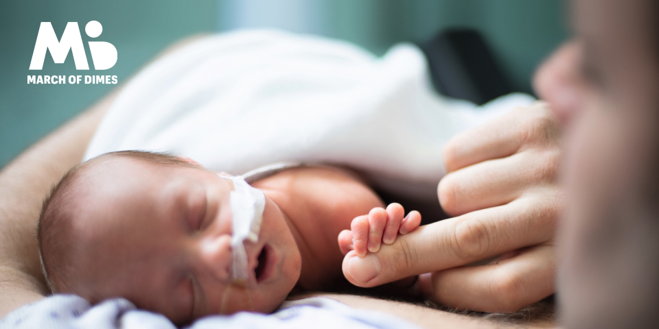 A preemie baby sleeps peacefully, with their hand outstretched and resting atop their parent’s finger.