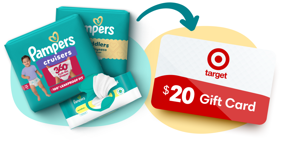 Pampers diapers and wipes packs are shown beside a red $20 Target gift card. A  teal doodle arrow points from the packs to the gift card.