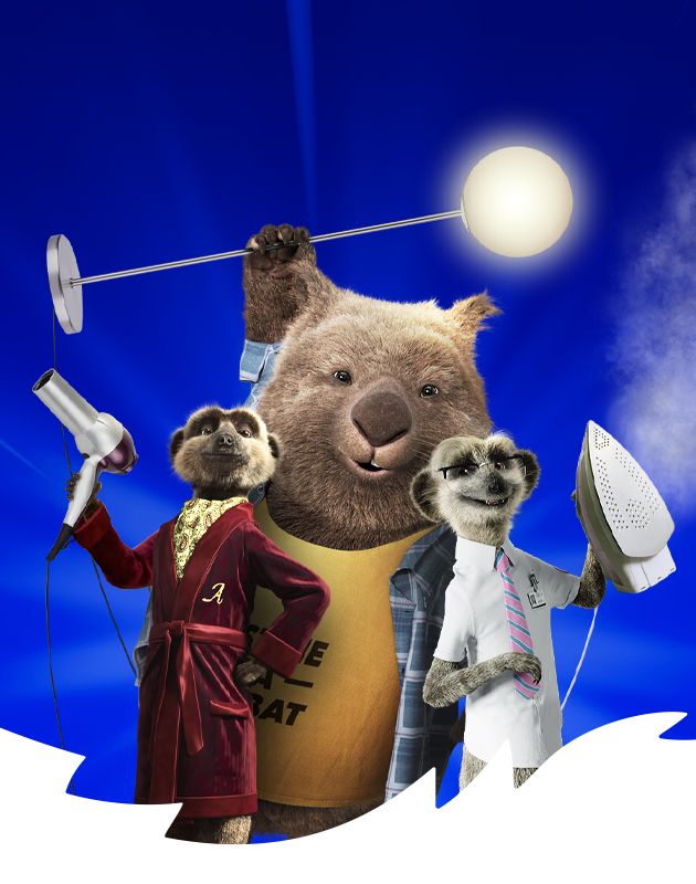 Two meerkats and a wombat holding electrical appliances