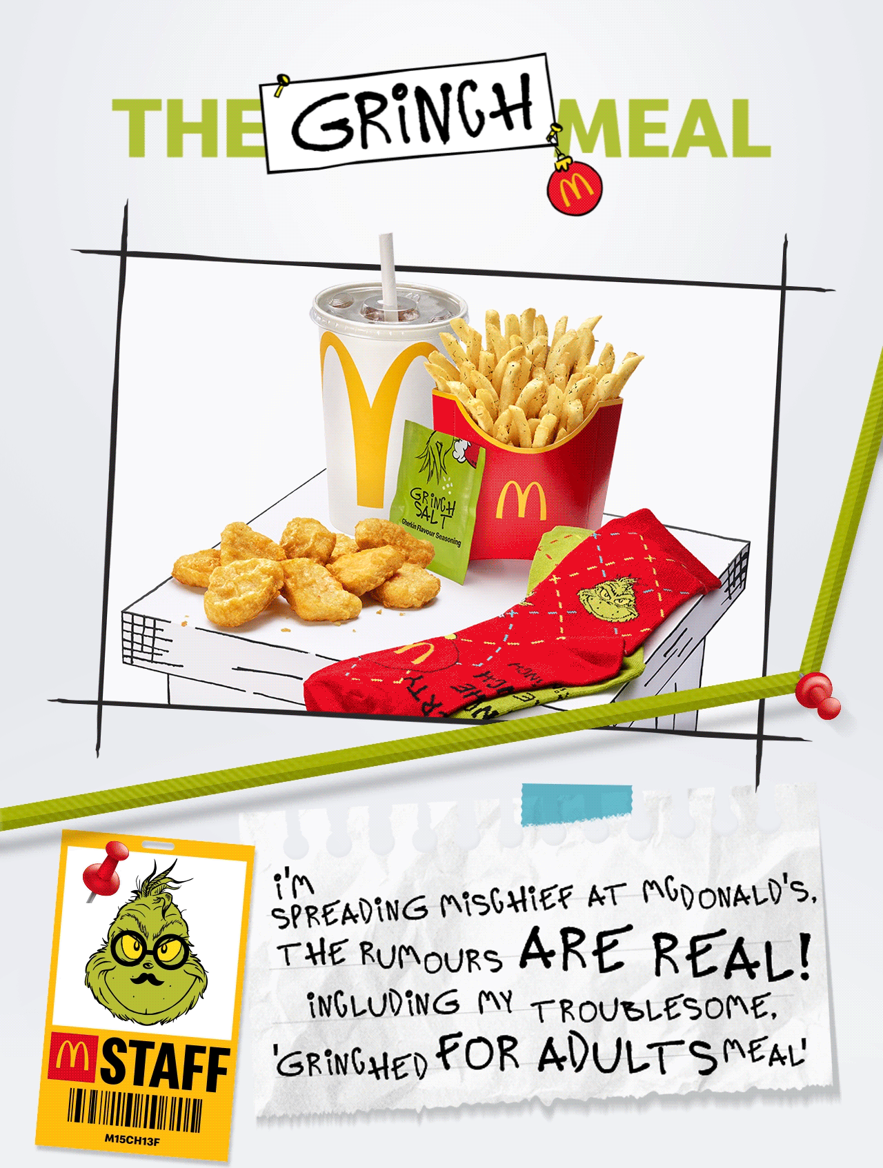 The Grinch Meal Nuggets, Chips and drink displayed on the Grinches' plot board. Bold Text reads THE GRINCH MEAL. I'M SPREADING MISCHIEF AT McDONALD'S, THE RUMORS ARE REAL! INCLUDING MY TROUBLESOME, 'GRINCHED FOR ADULTS MEAL'
