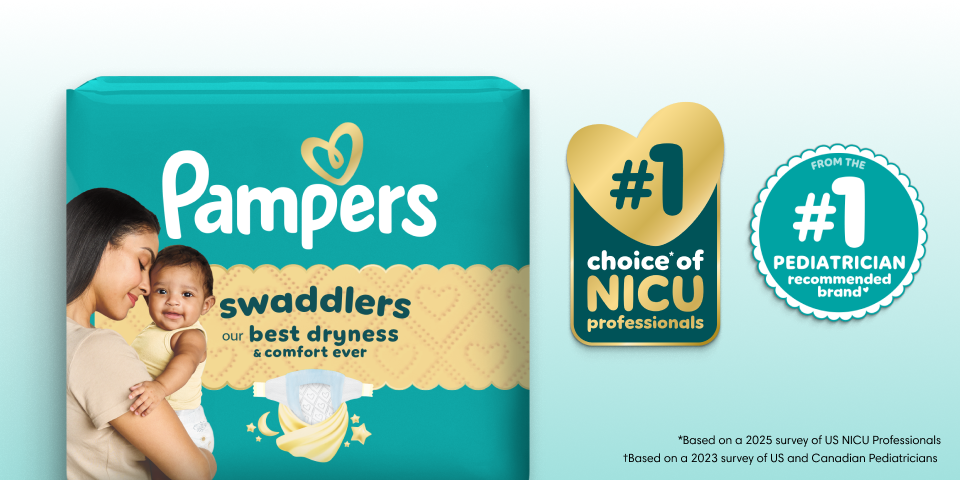A Pampers diaper pack alongside 2 icons showcasing credentials.