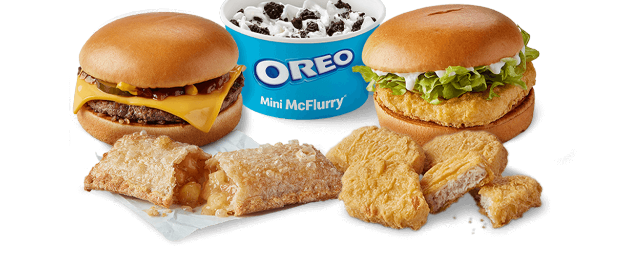 A selection of McDonald's items: Cheeseburger, Oreo Mini McFlurry&reg;, Mayo Chicken, Apple Pie, and 4 Chicken McNuggets&reg;.