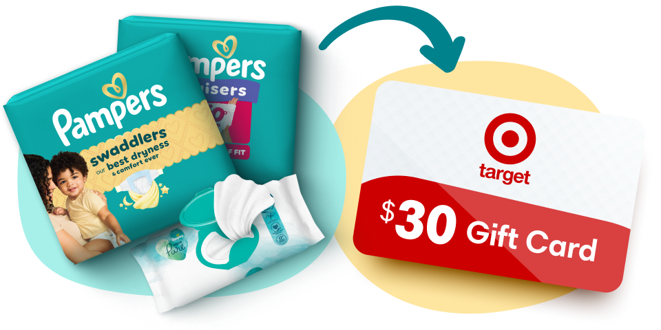 Pampers diapers and wipes packs are shown beside a red $30 Target gift card. A teal doodle arrow points from the packs to the gift card.