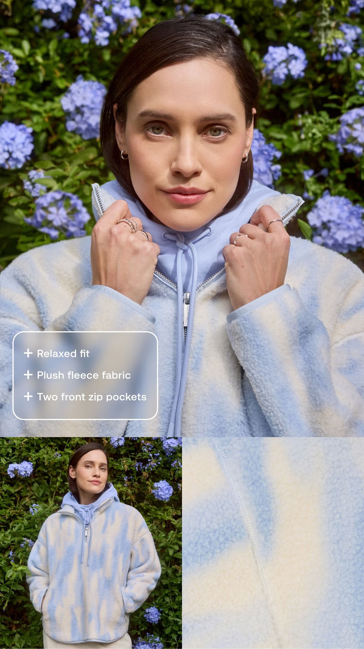 Relaxed fit | Plush fleece fabric | Two front zip pockets