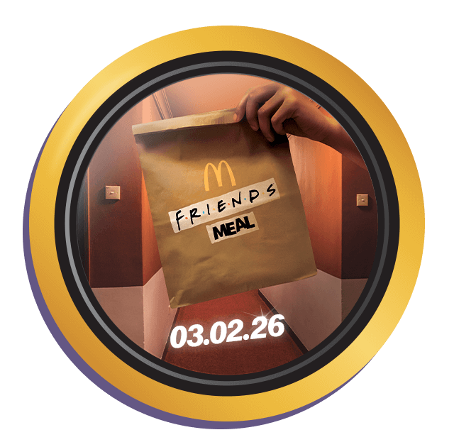 A close-up looking through the peephole reveals a hand holding a McDonald's bag with 'Friends Meal' written on it. Text on the image reads '03.02.26'.