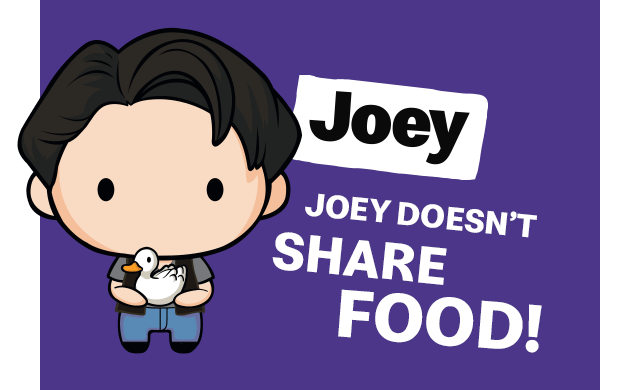 The Joey collectible. Text reads 'Joey doesn't share food!'.
