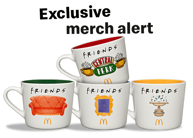 Four Friends-themed mugs each with a different design. Text on the image reads 'Exclusive merch alert'.