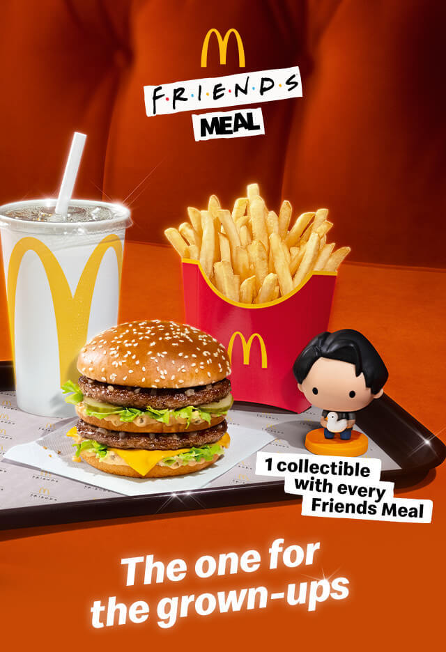 The Friends Meal on a tray with a Joey collectible. Text on the image reads '1 collectible with every Friends Meal. The one for the grown-ups'.