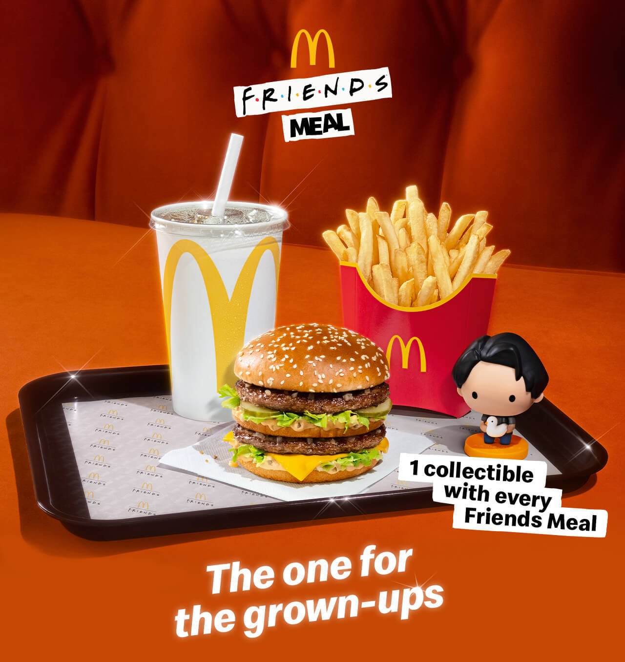 The Friends Meal on a tray with a Joey collectible. Text on the image reads '1 collectible with every Friends Meal. The one for the grown-ups'.