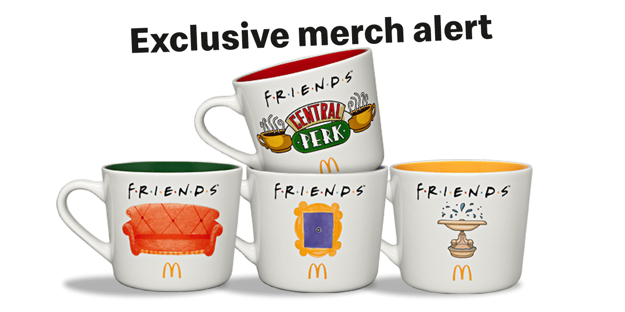 Four Friends-themed mugs each with a different design. Text on the image reads 'Exclusive merch alert'.