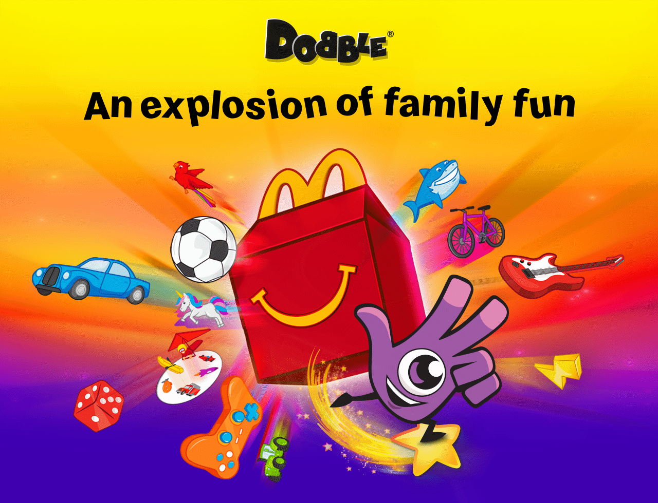 Cartoon like Happy Meal box with Dobble® icons flying out. Bold black text reads 'Dobble® an explosion of family fun'