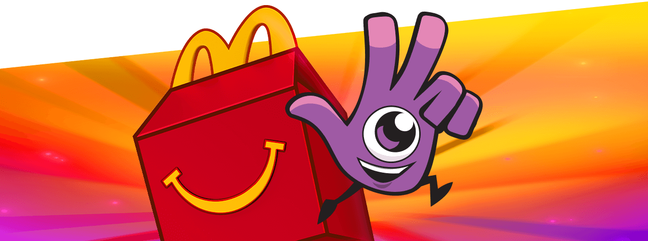Cartoon Happy meal and Dobble Logo giving the peace sign