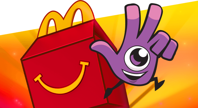 Cartoon Happy meal and Dobble Logo giving the peace sign