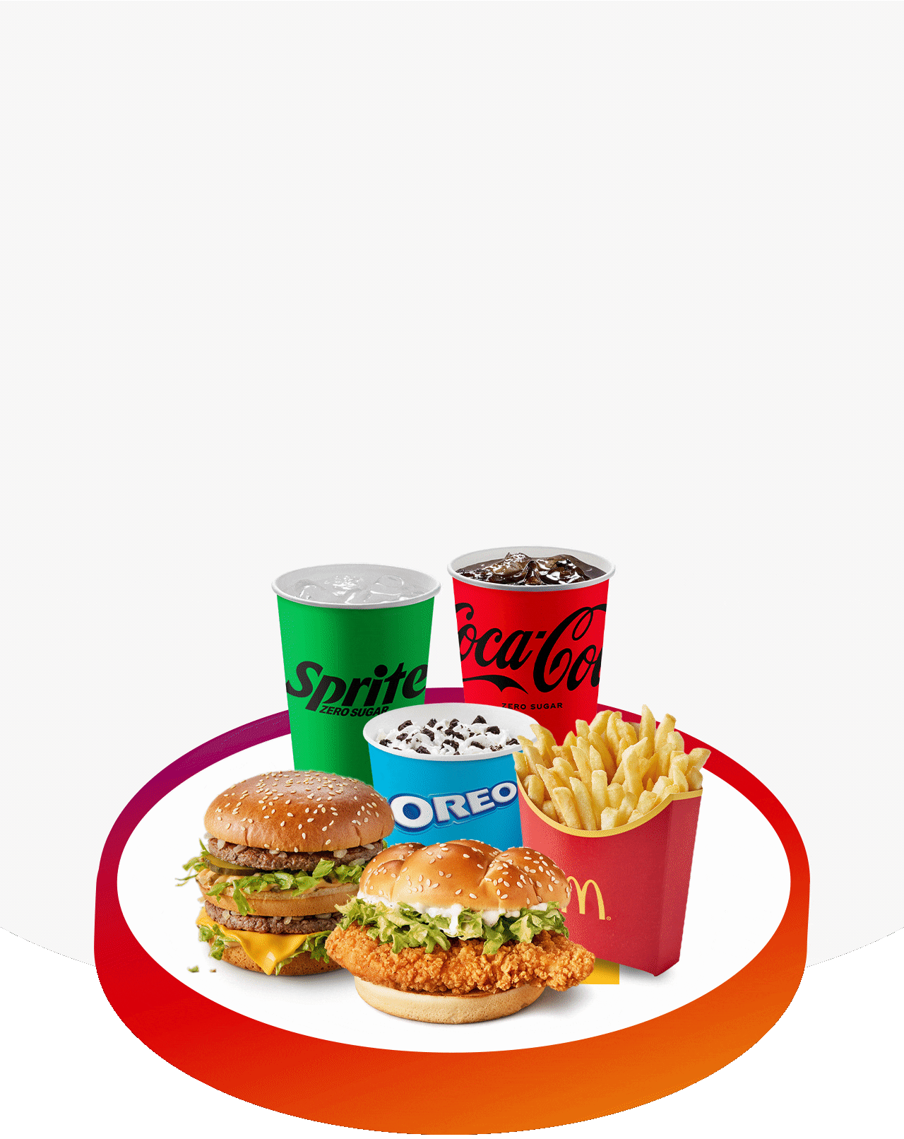 Picture of a Big Mac&reg;, McCrispy&reg;, fries, Sprite&reg; Zero Sugar, Coca-Cola&reg; Zero Sugar, and an Oreo&reg; McFlurry&reg;, bold text reads '15% off the whole menu when you spend &pound;15 on food and drink'.