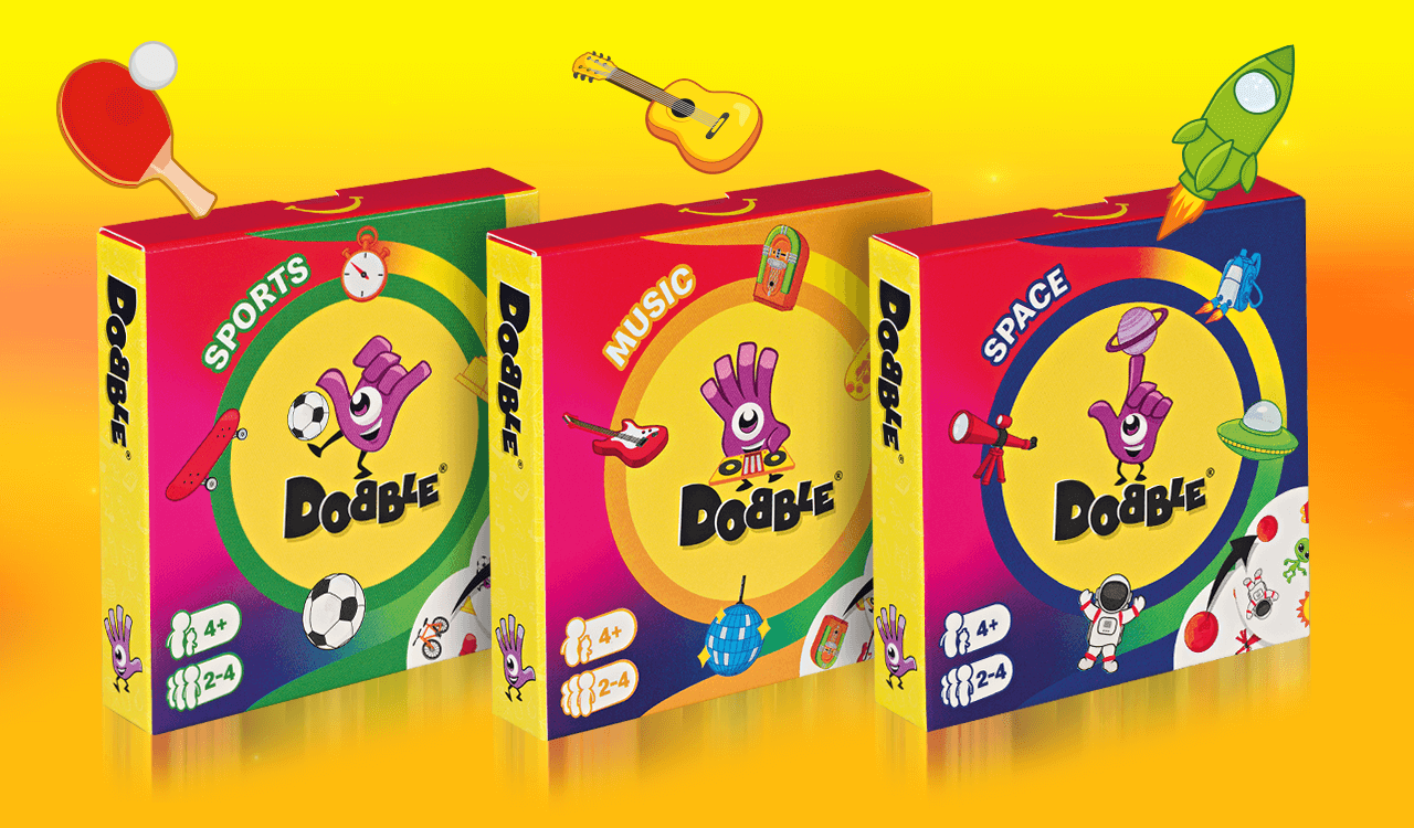 Dobble Sports Box, Music Box, and Space Box