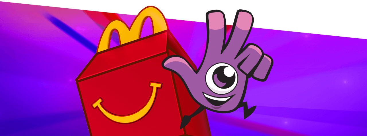 Cartoon Happy meal and Dobble Logo giving the peace sign