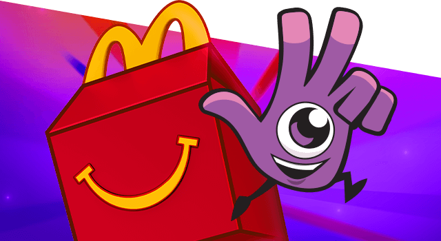 Cartoon Happy meal and Dobble Logo giving the peace sign
