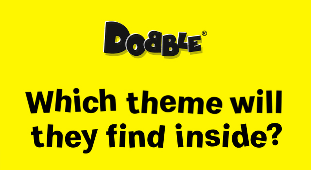 Bold black text reads 'Dobble® - Which theme will they find inside?'