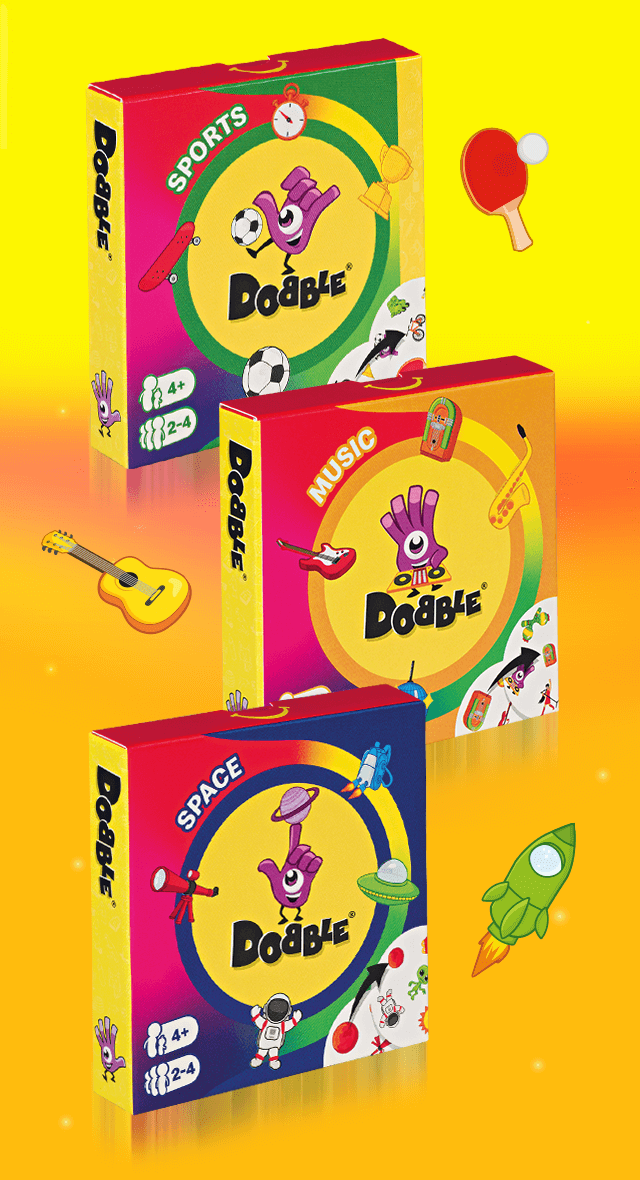 Dobble Sports Box, Music Box, and Space Box