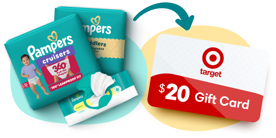 Pampers diapers and wipes packs are shown beside a red $20 Target gift card. A  teal doodle arrow points from the packs to the gift card.