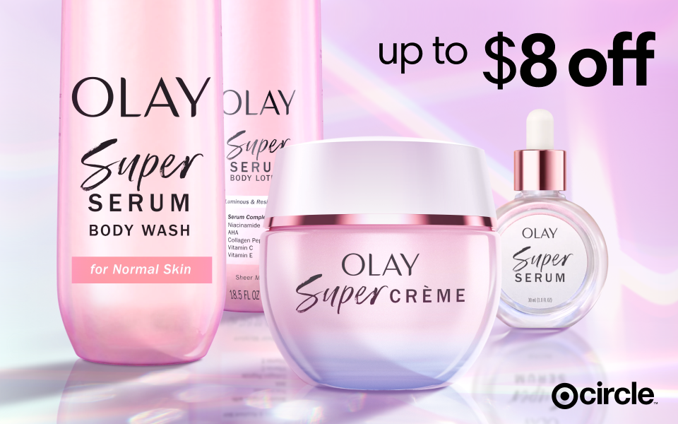 The title reads, “Up to $8 off” next to a Target Circle app logo and containers of Olay products.