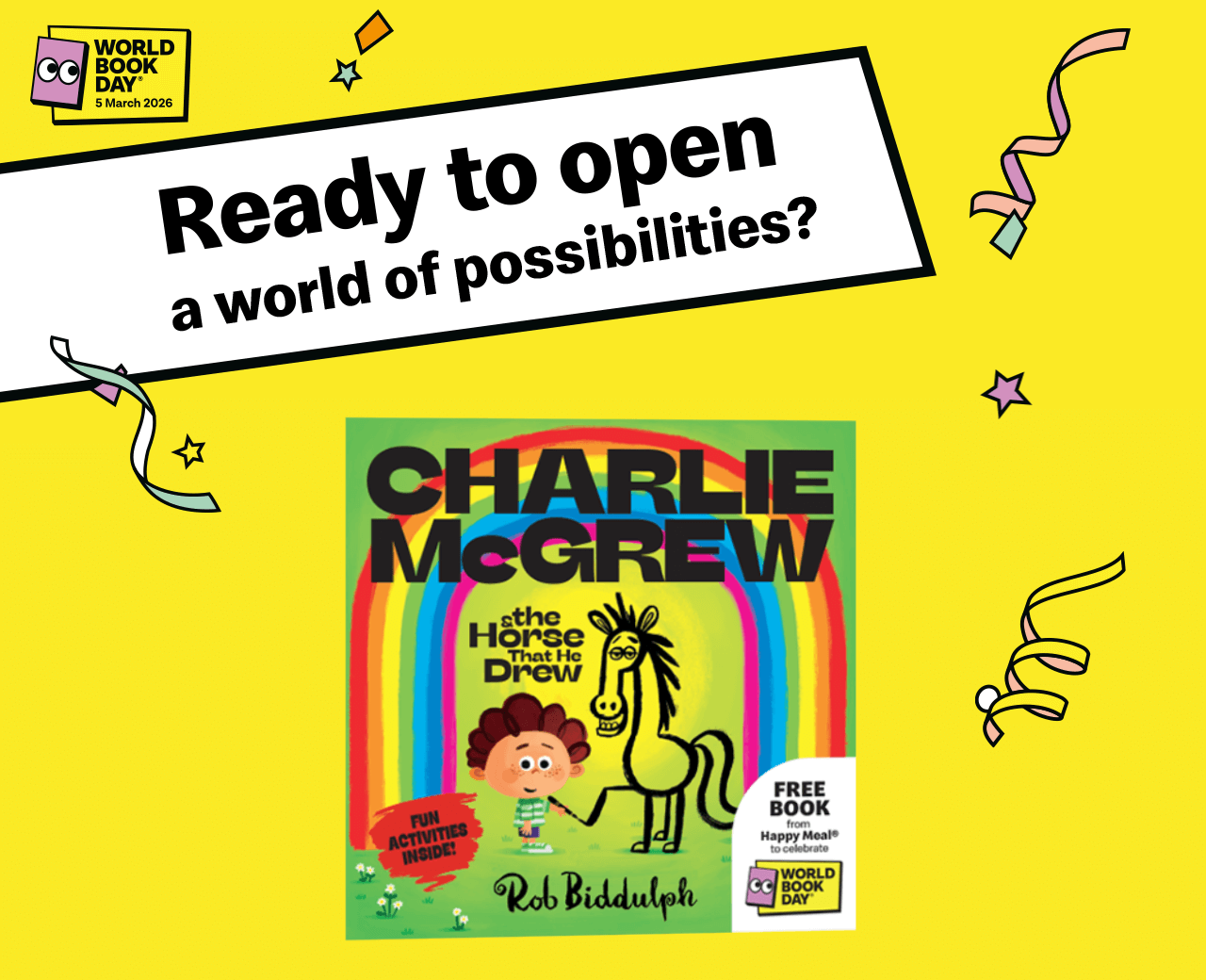 A picture of the book 'Charlie McGrew & the Horse That He Drew' for World Book Day. Text around the image reads 'FREE BOOK. Ready to open a world of possibilities?'.