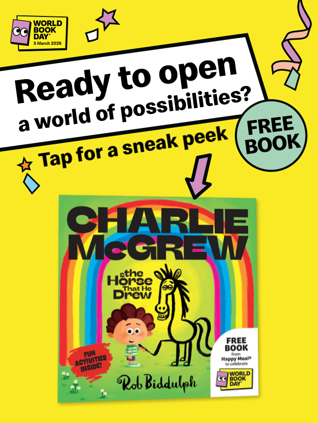 A picture of the book 'Charlie McGrew & the Horse That He Drew' for World Book Day. Text around the image reads 'FREE BOOK. Ready to open a world of possibilities? Tap for a sneak peek'.