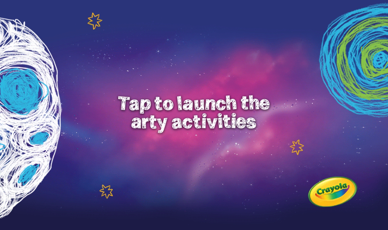 A Crayola-themed outer space scene. Fun text reads 'Click to launch the arty activities'.