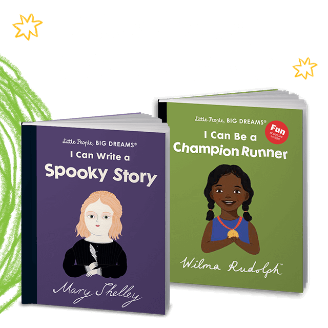 Two Little People, Big Dreams books: I Can Write A Spooky Story by Mary Shelley, and I Can Be A Champion Runner by Wilma Rudolph.