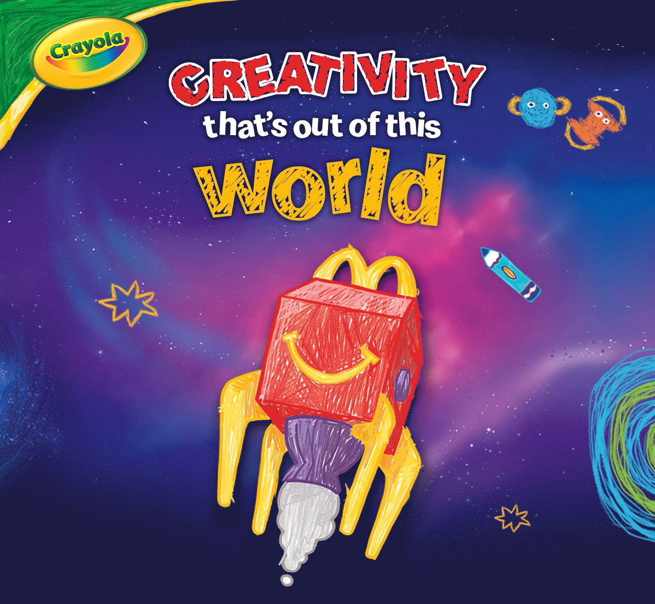 A Happy Meal® box drawn using Crayola in an outer space scene. Fun text reads 'Creativity that's out of this world'.