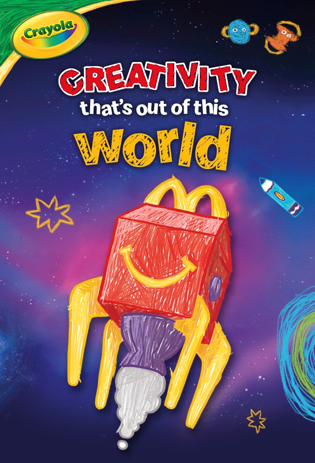 A Happy Meal® box drawn using Crayola in an outer space scene. Fun text reads 'Creativity that's out of this world'.