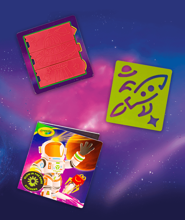 A sticker book, stamp, and stencil.