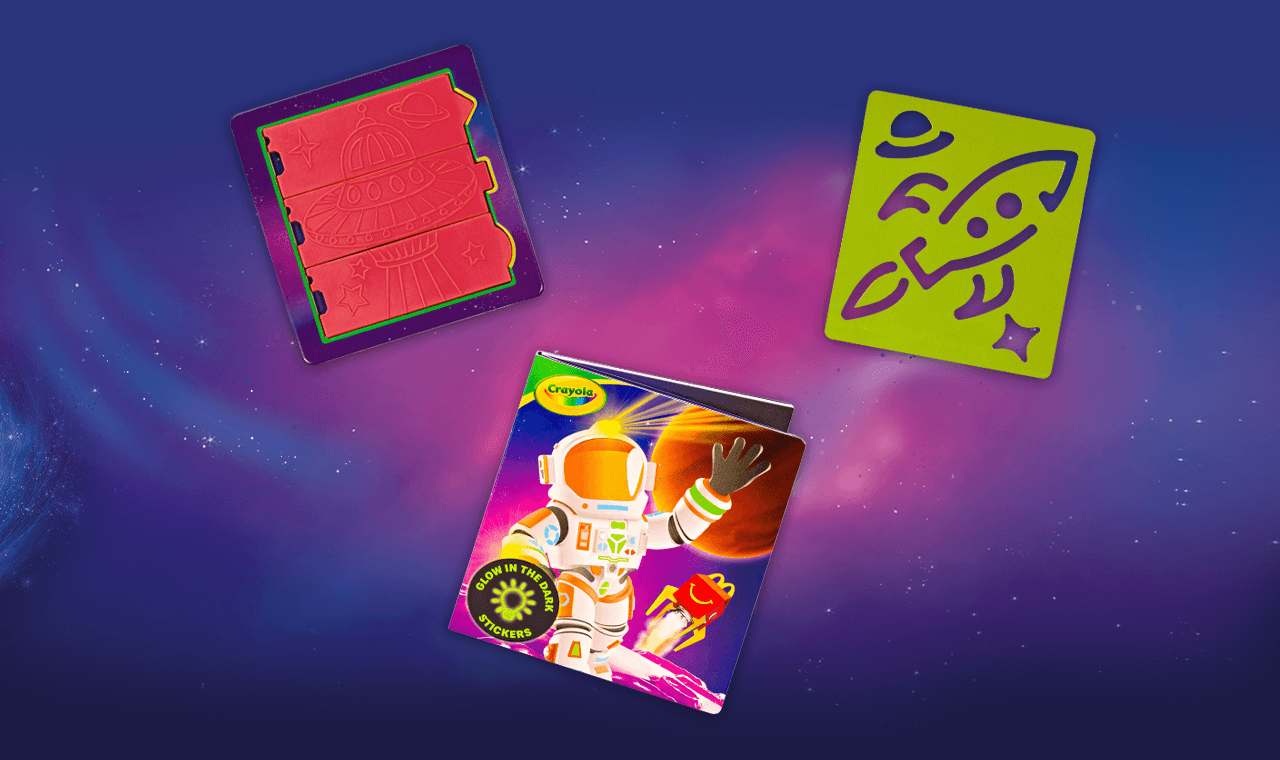 A sticker book, stamp, and stencil.