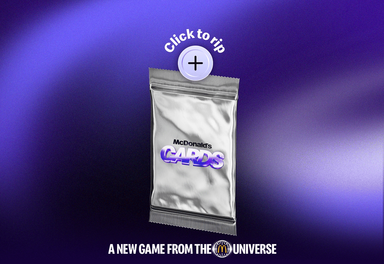A glimmering McDonald's Cards sticker pack. Text around the image reads 'A new game from the McDonald's universe. Click to rip'.