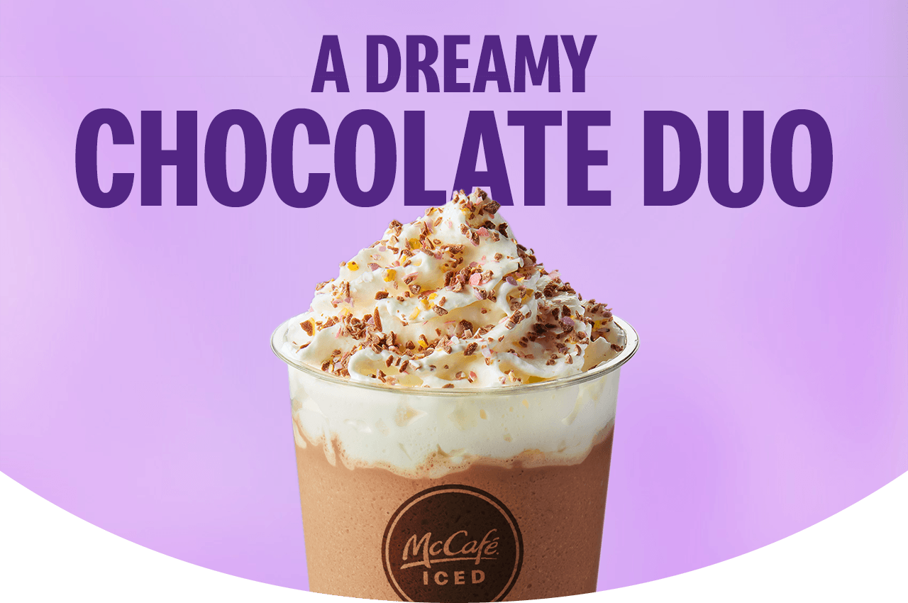 A delicious Cadbury Mini Eggs Frappe, bold text reads A DREAMY CHOCOLATE DUO