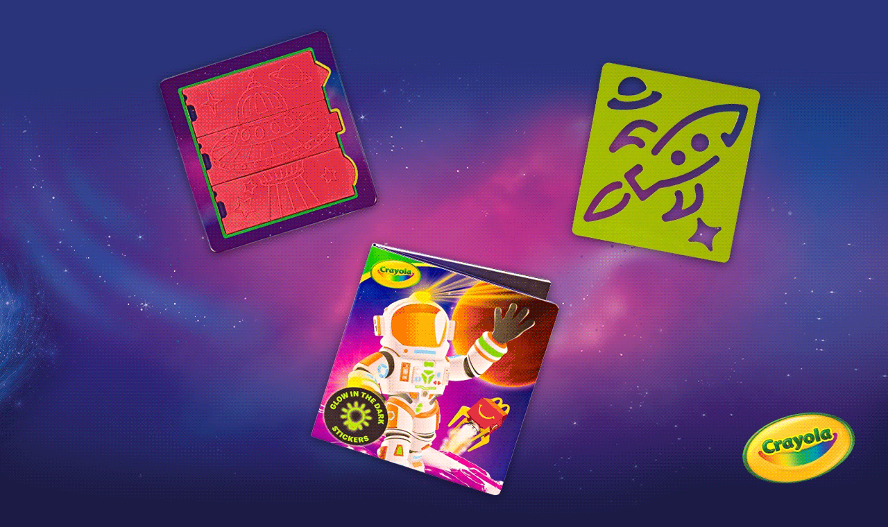 A sticker book, stamp, and stencil.