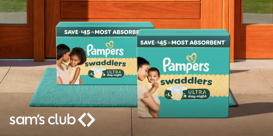 Against a teal background, there are two packs of Swaddlers Ultra. Above the packs, there’s a Sam’s Club logo.