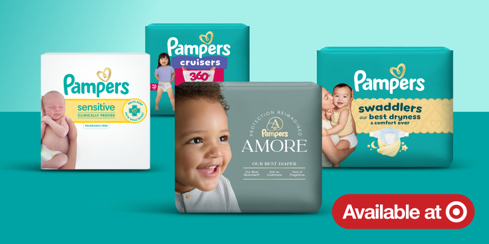 Against a teal background, there’s a pack of Pampers Amore diapers, a pack of Cruisers 360° pull-on diapers, a pack of Swaddlers diapers, and a pack of Sensitive wipes. At the bottom right corner of the frame, there’s a badge that says, “Available at” and a Target logo.