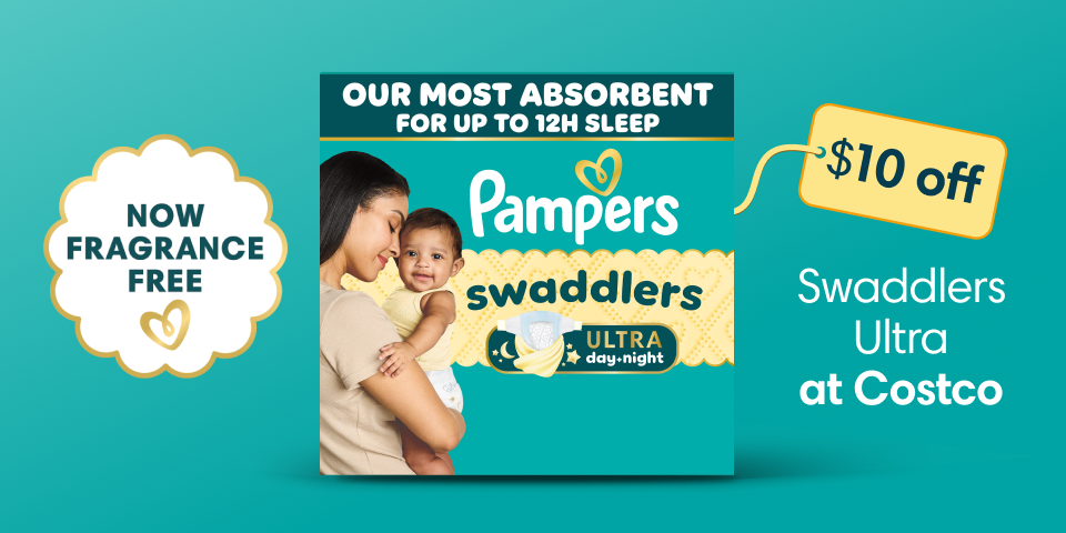 Against a teal background, there are 2 packs of Swaddlers Ultra. A “$10 off” tag is affixed to the top right corner of the first pack. The full title reads, “$10 off Swaddlers Ultra at Costco”. To the left, there’s a badge that reads, “Now fragrance-free”.