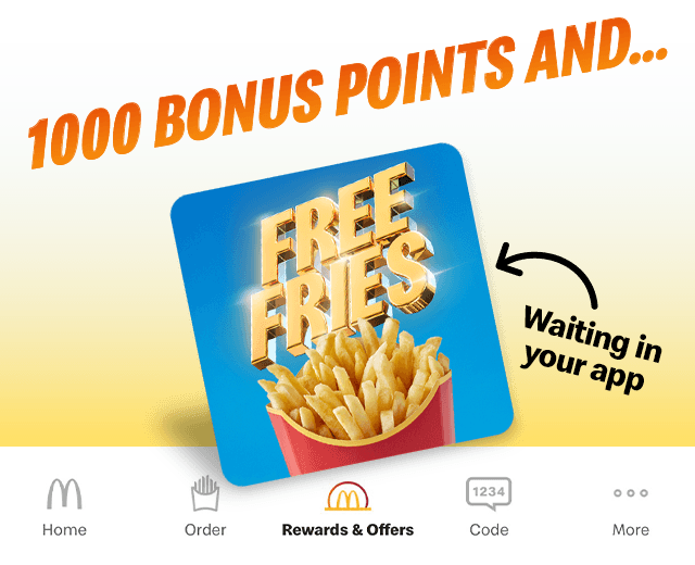 Big text reads '1000 bonus points and free fries waiting in your app'