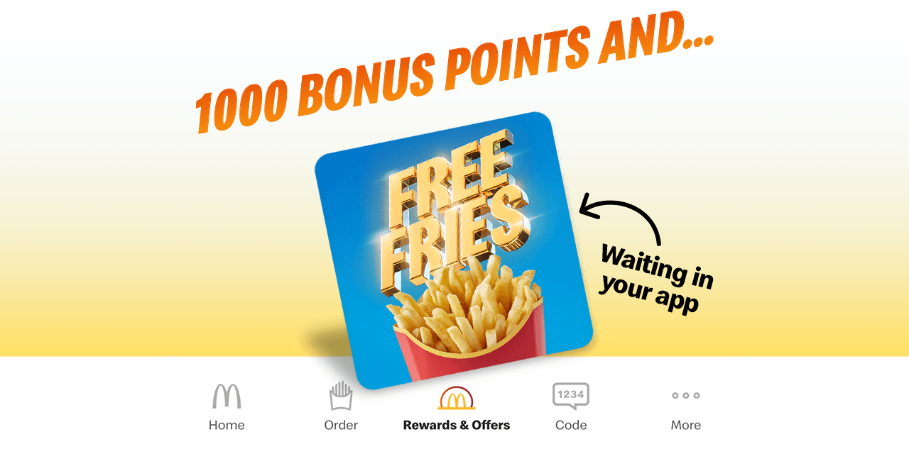 Big text reads '1000 bonus points and free fries waiting in your app'