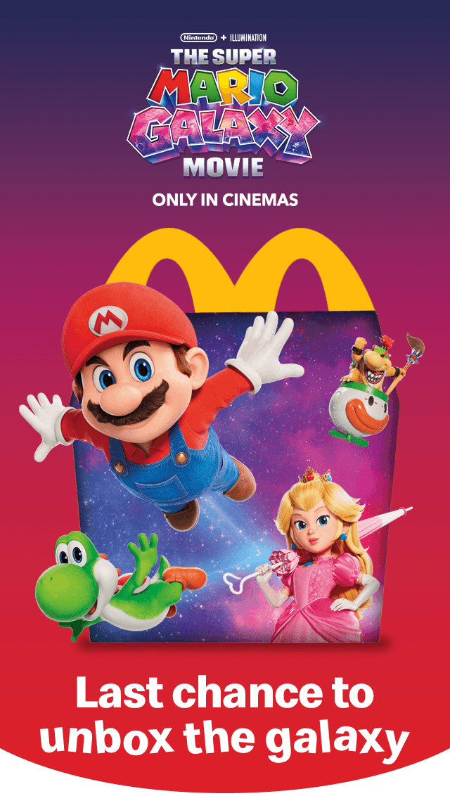 A Happy Meal® box with Super Mario characters coming out from it. Text reads 'Last chance to unbox the galaxy'.