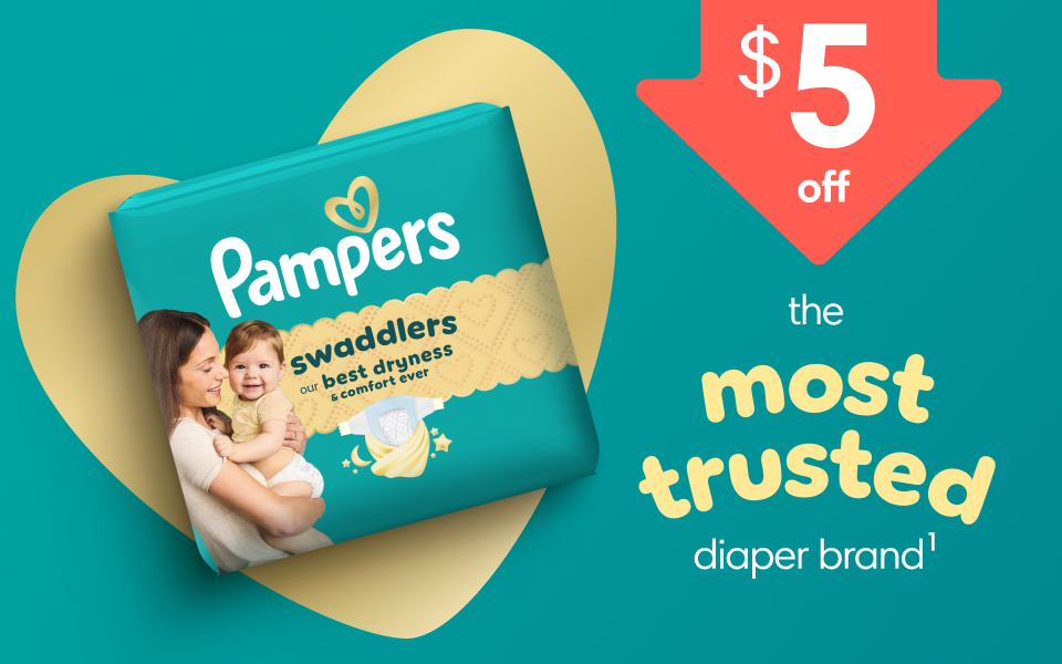 Against the backdrop of a yellow heart, there’s a Swaddlers pack. To the right of the pack, there’s a title that reads, “$5 off the most trusted diaper brand”.