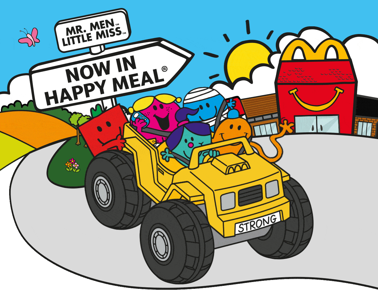 Mr Men in a car on a bright McDonald's background, text reads 'MR. MEN LITTLE MISS NOW IN HAPPY MEAL'