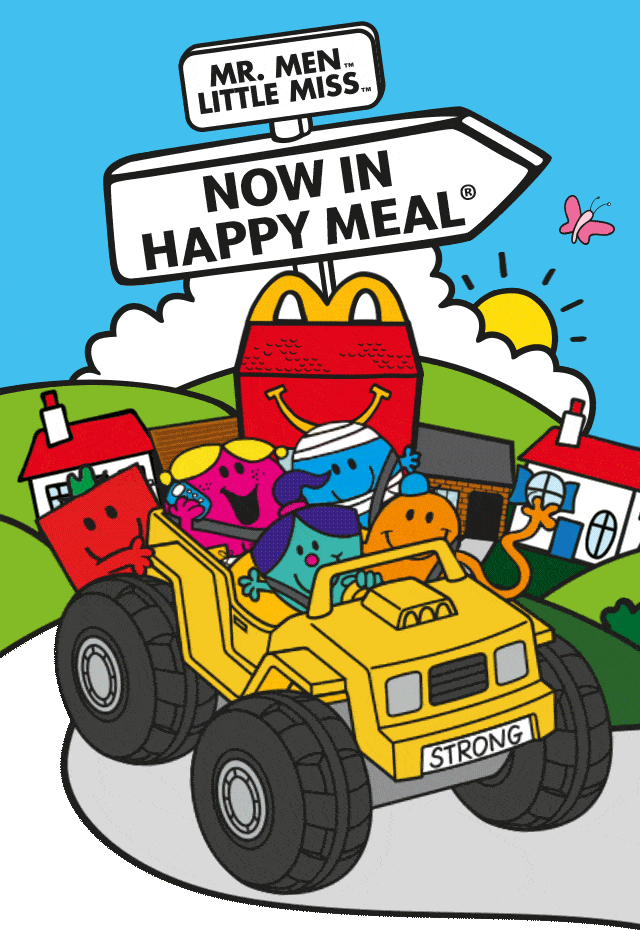 Mr Men in a car on a bright McDonald's background, text reads 'MR. MEN LITTLE MISS NOW IN HAPPY MEAL'