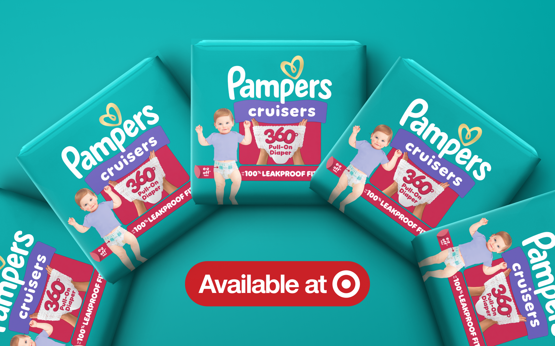 Against a teal background, there’s a pack of Pampers Amore diapers, a pack of Cruisers 360° pull-on diapers, a pack of Swaddlers diapers, and a pack of Sensitive wipes. At the bottom right corner of the frame, there’s a badge that says, “Available at” and a Target logo.