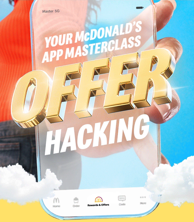 A hand holding a smartphone. Text on the smartphone reads 'Your McDonald's app master class offer hacking'.