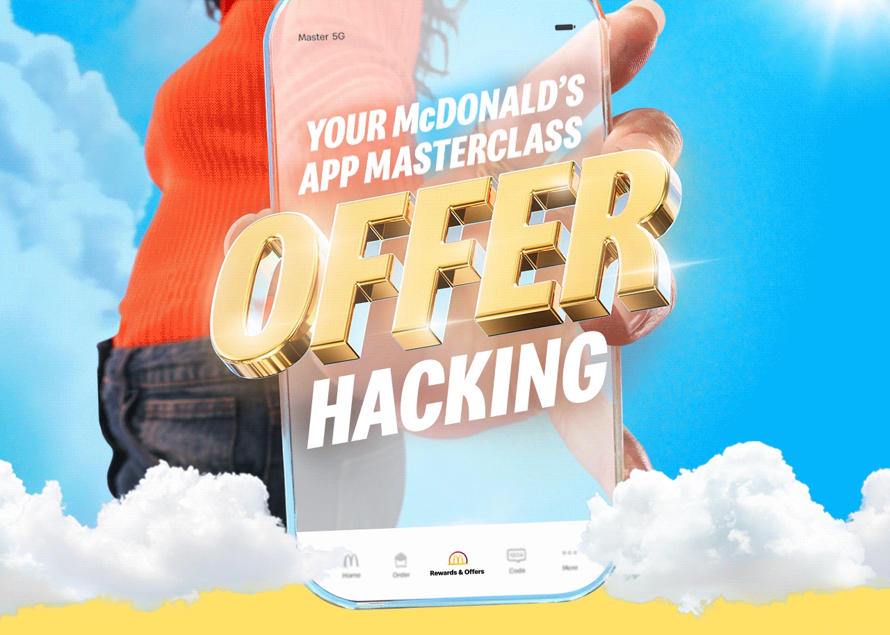 A hand holding a smartphone. Text on the smartphone reads 'Your McDonald's app master class offer hacking'.